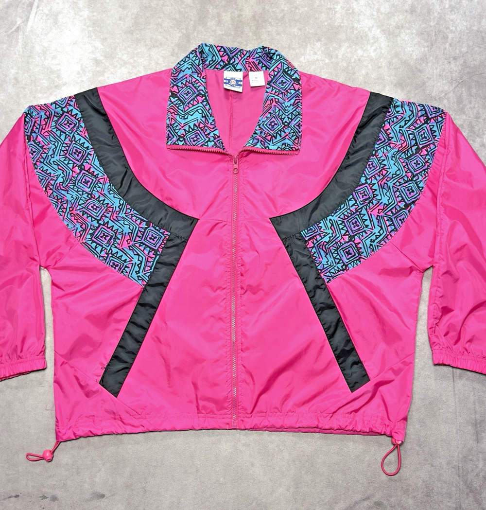 VTG 90s Colorblock Jacket Womens Medium Pink Windbreaker Geometric Pro Spirit